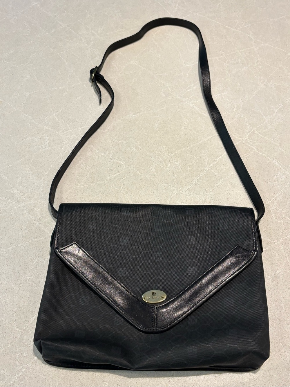 Vintage Guy Laroche Paris Monogram Leather Envelope Crossbody Bag Black Luxury